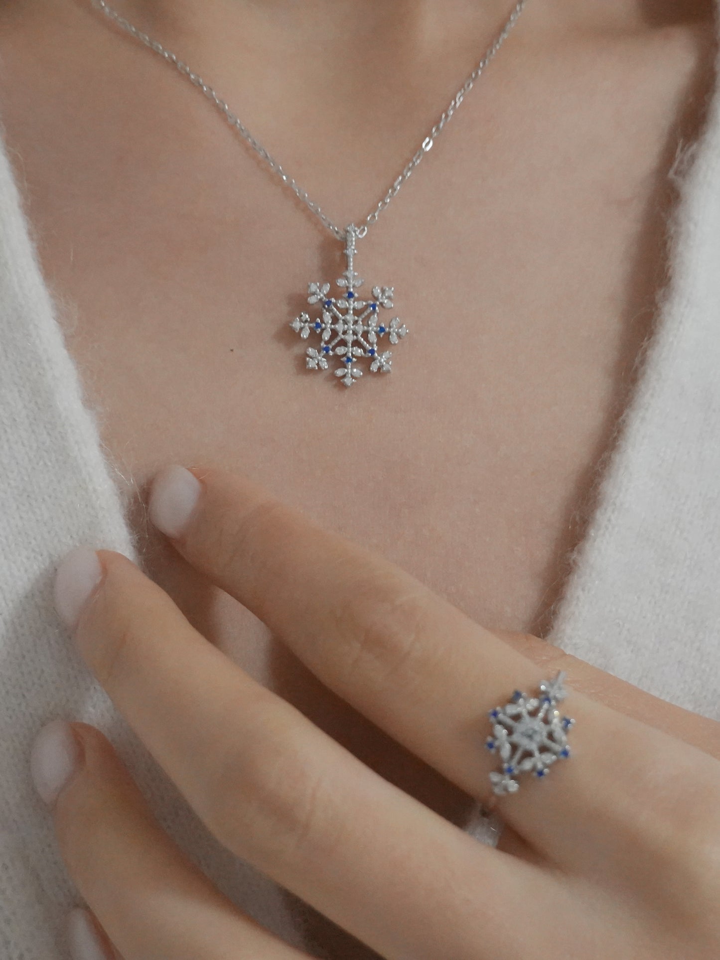Rhodium Silver Blue Snowflake Necklace