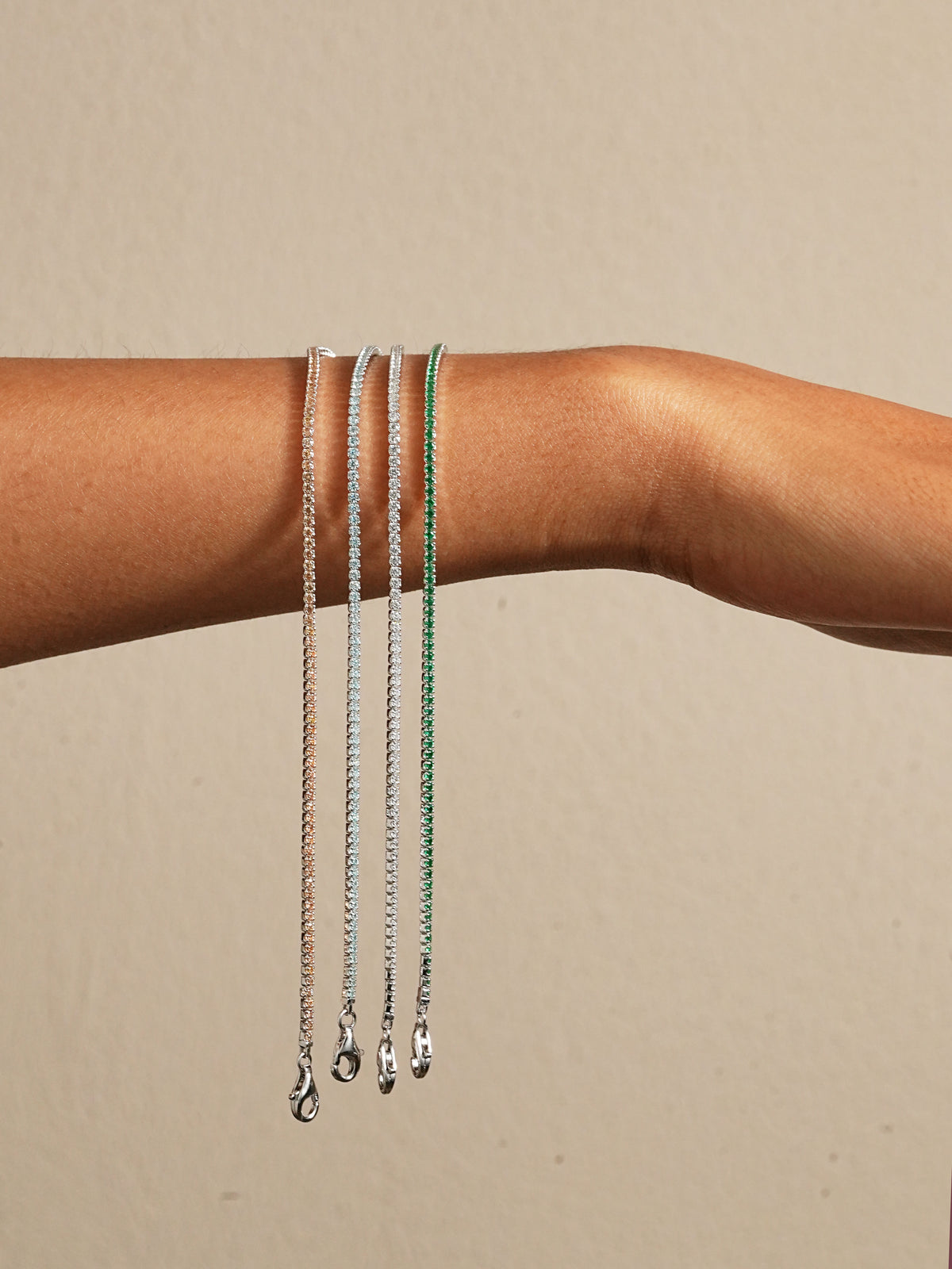 1.5 mm tennis bracelet in four colours, rhodium-plated finish