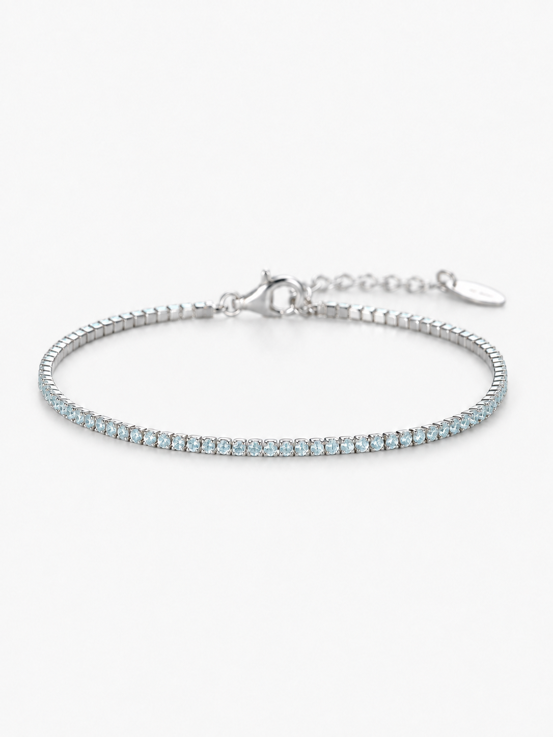 Bracciale Tennis 1,5 mm acquamarina con finitura rodiata