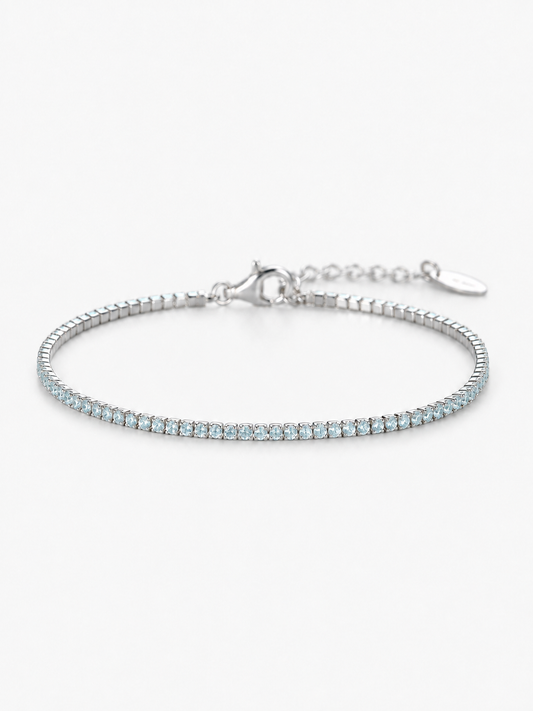 Bracciale Tennis 1,5 mm acquamarina con finitura rodiata