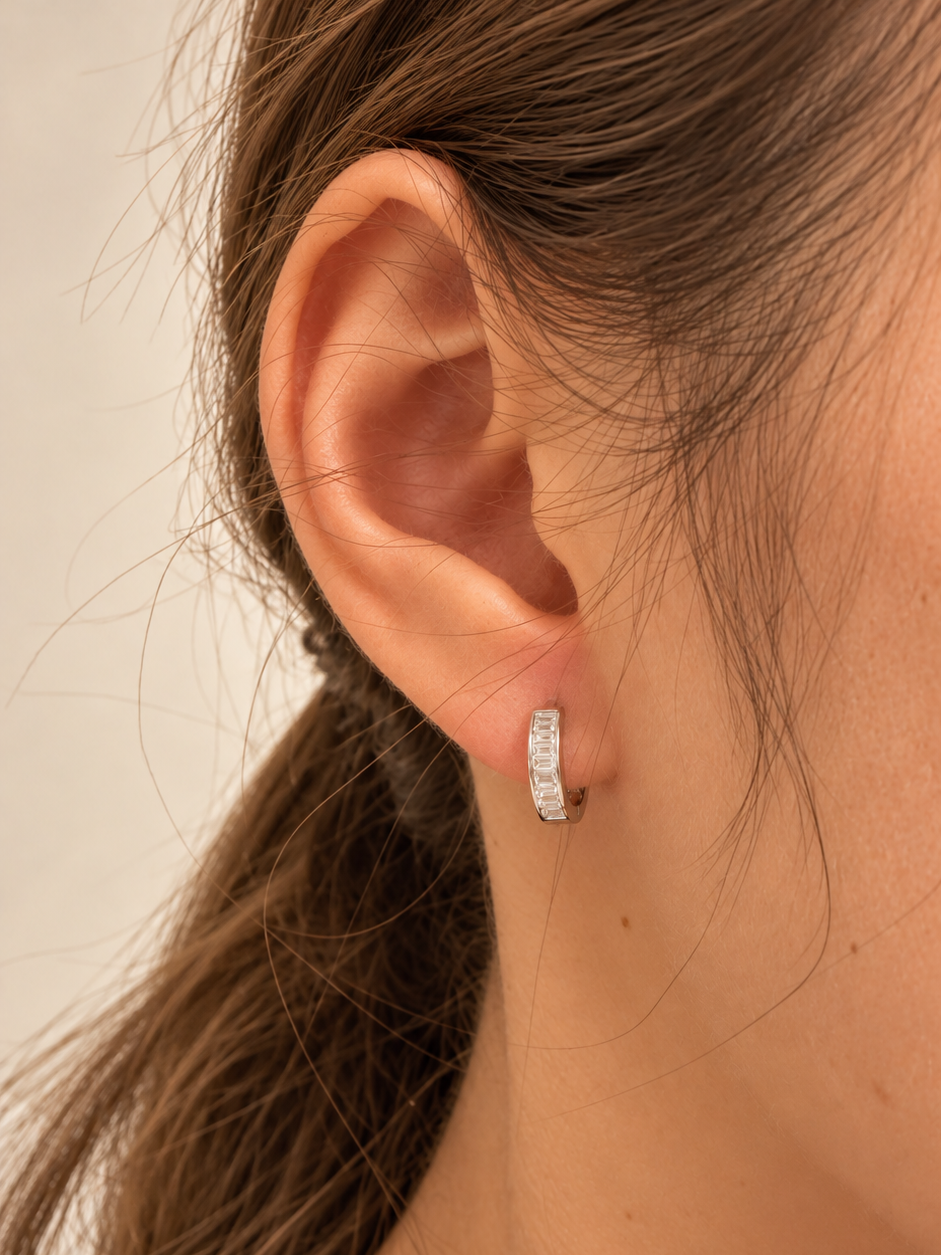 925 sterling silver baguette hoop earrings worn on the ear